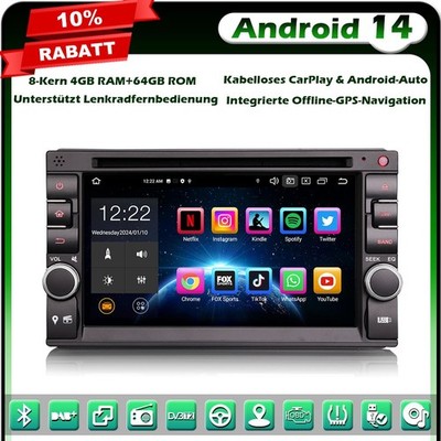 8-Kern Android 14 Doppel Din DVD Autoradio GPS Navi CarPlay BT 5.0 WiFi 4GB+64GB