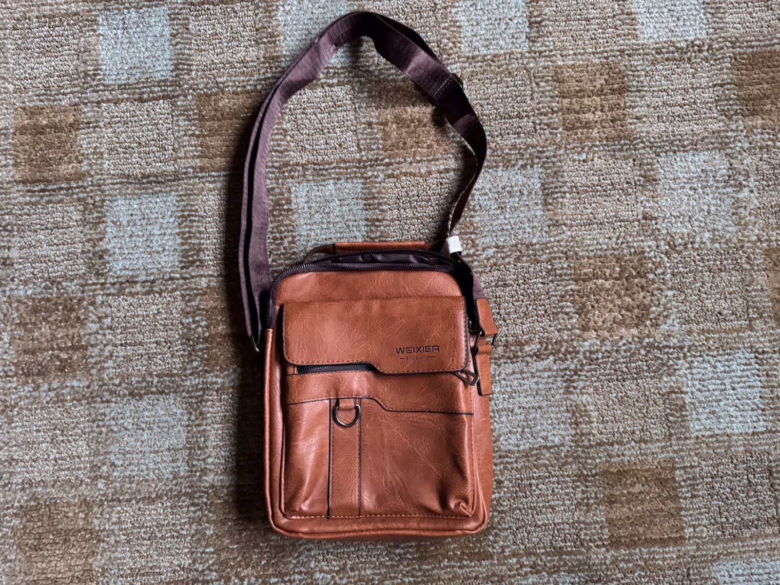 WEIXIER Men's Brown Shoulder Bag with Zip Closure and Pocket