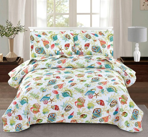 3-Piece Colorful Seashell Lightweight Quilt Set,Beach Themed Cottage Reversib...