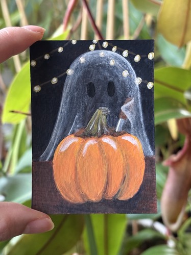 ACEO Original Cute Spooky Szn Ghost Pumpkin Carve Jackolantern - PaperTrailbyKC