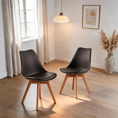 Pair of Grey Plastic Tulip Dining Chair Padded Faux Leather Seat Solid Wood Legs - Image 1 of 4