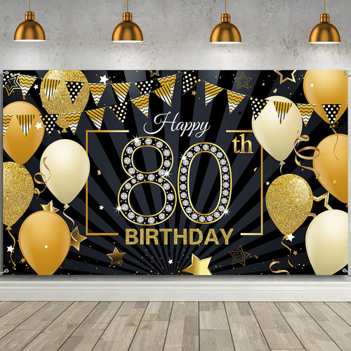 Happy 80th Birthday Backdrop Banner Extra Large Black And Gold Party Decorations