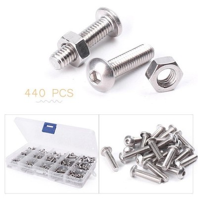 M3 M4 M5 304 Stainless Steel Hex Socket Cap Screws Nuts Kit Set + Box 440 Piece