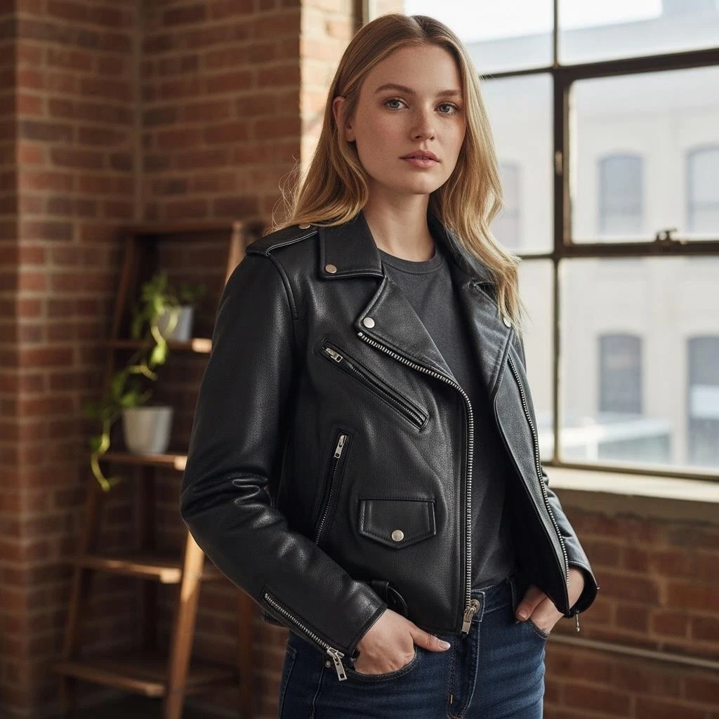 Jamin Leather Black Moto Biker Jacket Thinsulate Lined Zip Front Belted Size 12