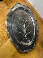 Silver Toned Meat Platter Vintage Carving Tree Channels Classic Ornate