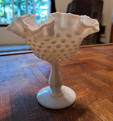 Fento Milk Glass Hobnail Pedestal Compote Bowl, Ruffled Edge, 7'' Tall