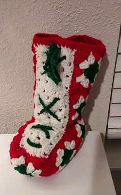 Handmade Christmas Crochet Granny Square Boot Stocking Vase Red Green White