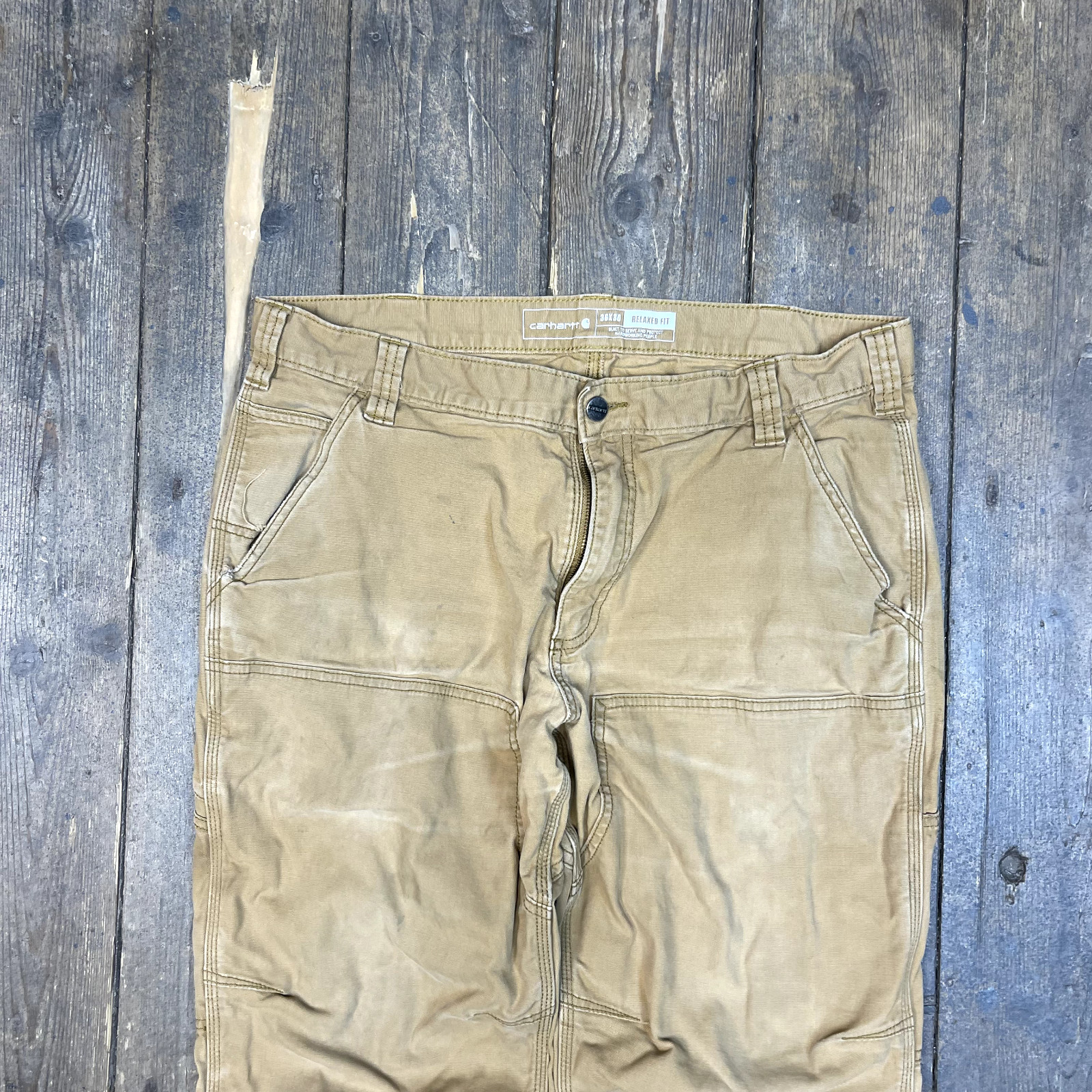 Carhartt Trousers Denim Double Knee Y2K Workwear Pants, Beige, Mens 36" image 3