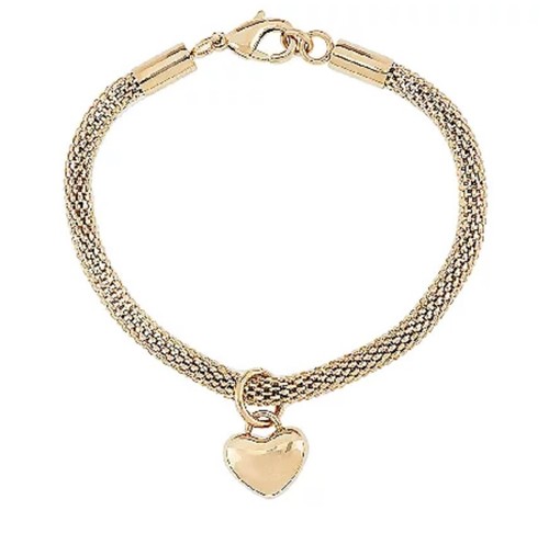 Stainless Steel Polished Heart Dangle Charm Mesh Bracelet