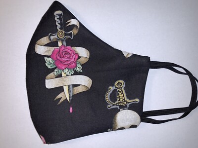 Womens Washable Face Mask Wt Filter Pocket-Traditional-Tattoo-Hearts-Made In USA
