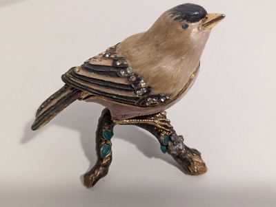 Collectables Goldfinch Bird on Branch Trinket Box Crystals 3 1/2''