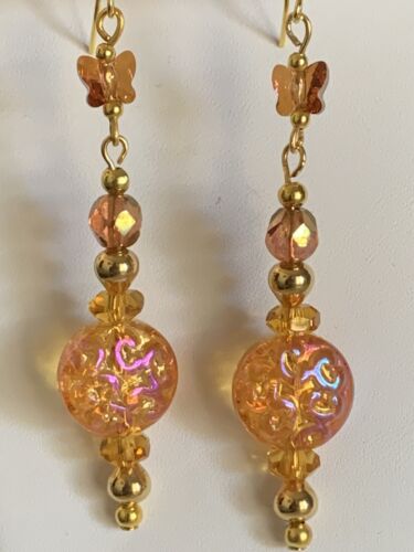 HANDCRAFTED VTG.AURORA CZECH TOPAZ GLASS&SWAROVSKI CRYSTAL BUTTERFLY EARRINGS - Picture 1 of 12