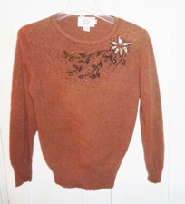 Vintage Anne Klein Women's Brown Lambswool Angora Flower Beaded Sweater Med