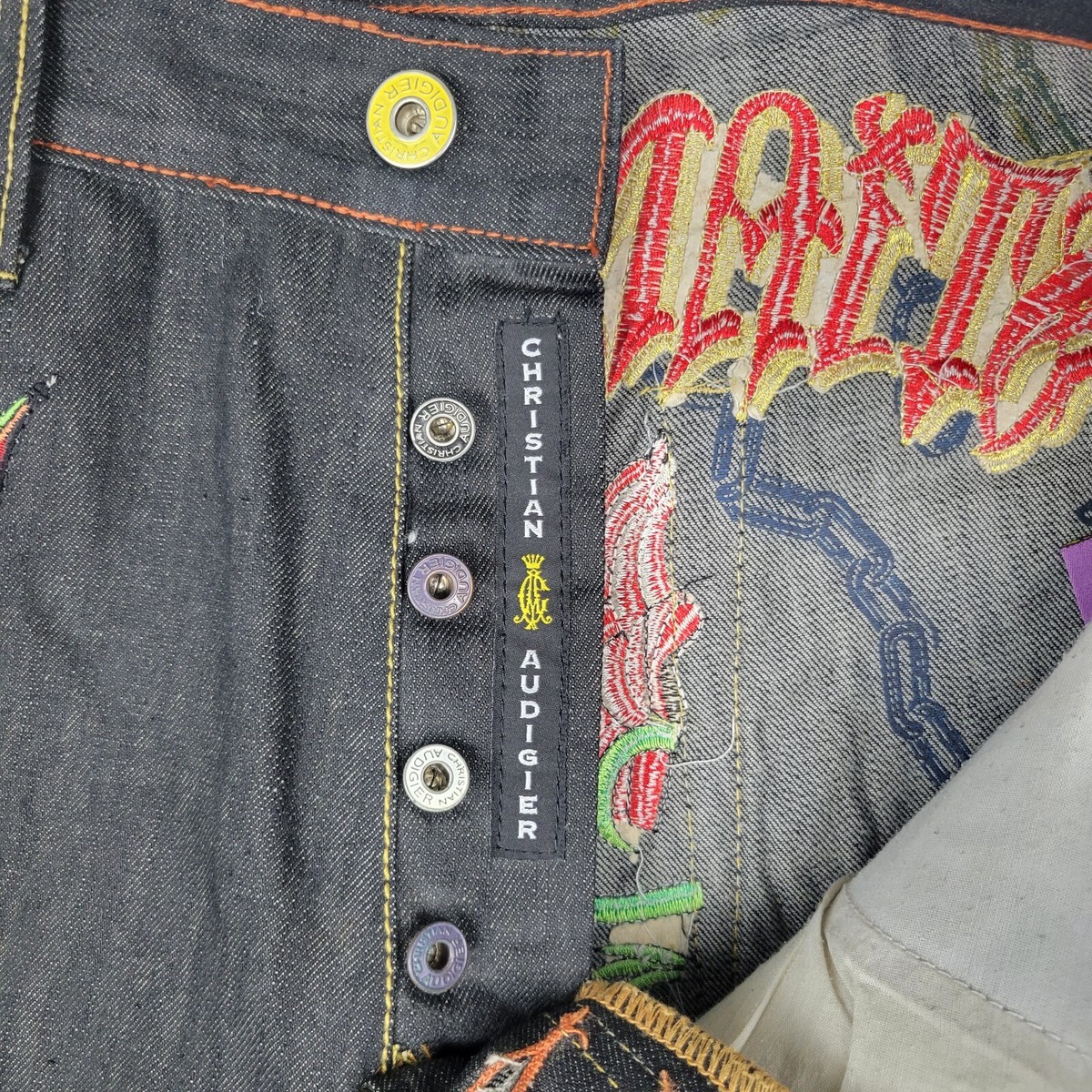 Christian Audigier Skulls & Roses Embroidered Denim Jeans Christian Audigier Skulls & Roses Embroidered Denim Jeans
