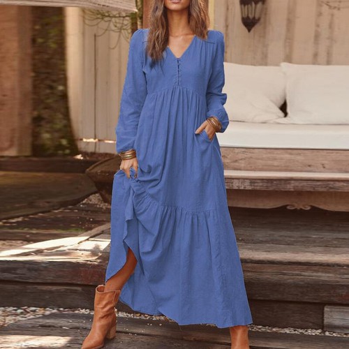 Women's V Neck Cotton Linen Dress Retro Casual Long Sleeve Maxi Dress - Picture 14 of 20
