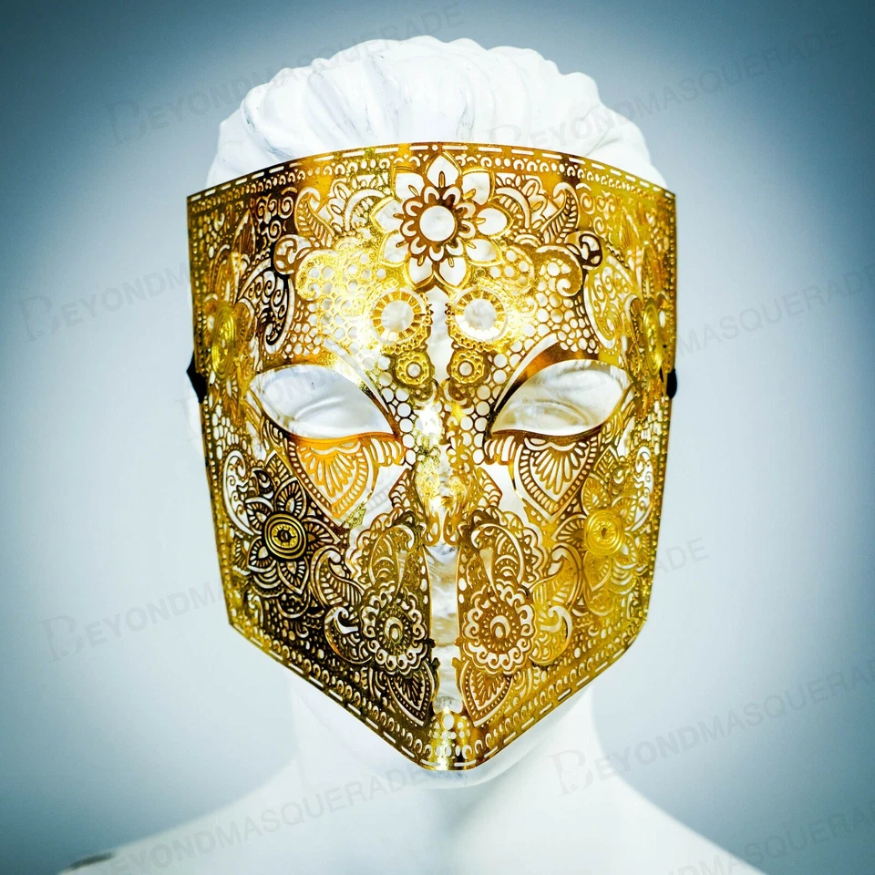 Mens Metal Bauta Venetian Laser-Cut Filigree Metal Masquerade Mask [Gold] - Image 2 of 3