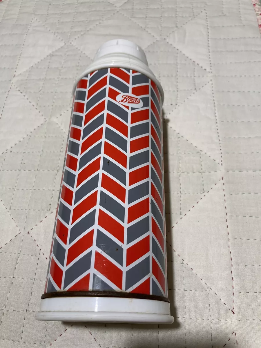 Vintage Red Grey Herring Bone Boots Thermos Flask 0.45 L Tin Outer