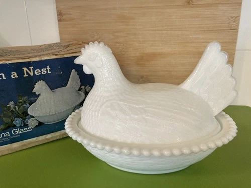 Hen On A Nest VTG Indiana Glass Milk White 7” + Original Box**