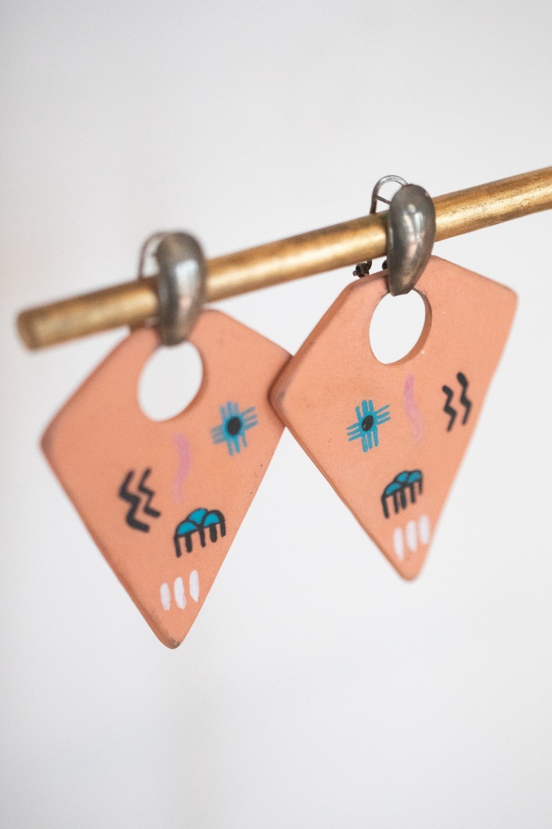 Vintage southwest-style terracotta clay and silver earrings with tribal designs View 3