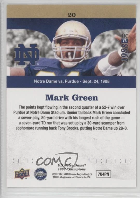 2017 Upper Deck Notre Dame 1988 Championship Gold Mark Green Goes in for the TD - Image 2 of 2