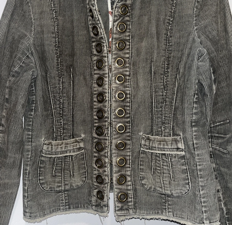 Chaqueta Steampunk Militar Para Mujer L Gris Pana Detalle Ojal Boho Gancho Cierre Foto 2 de 4