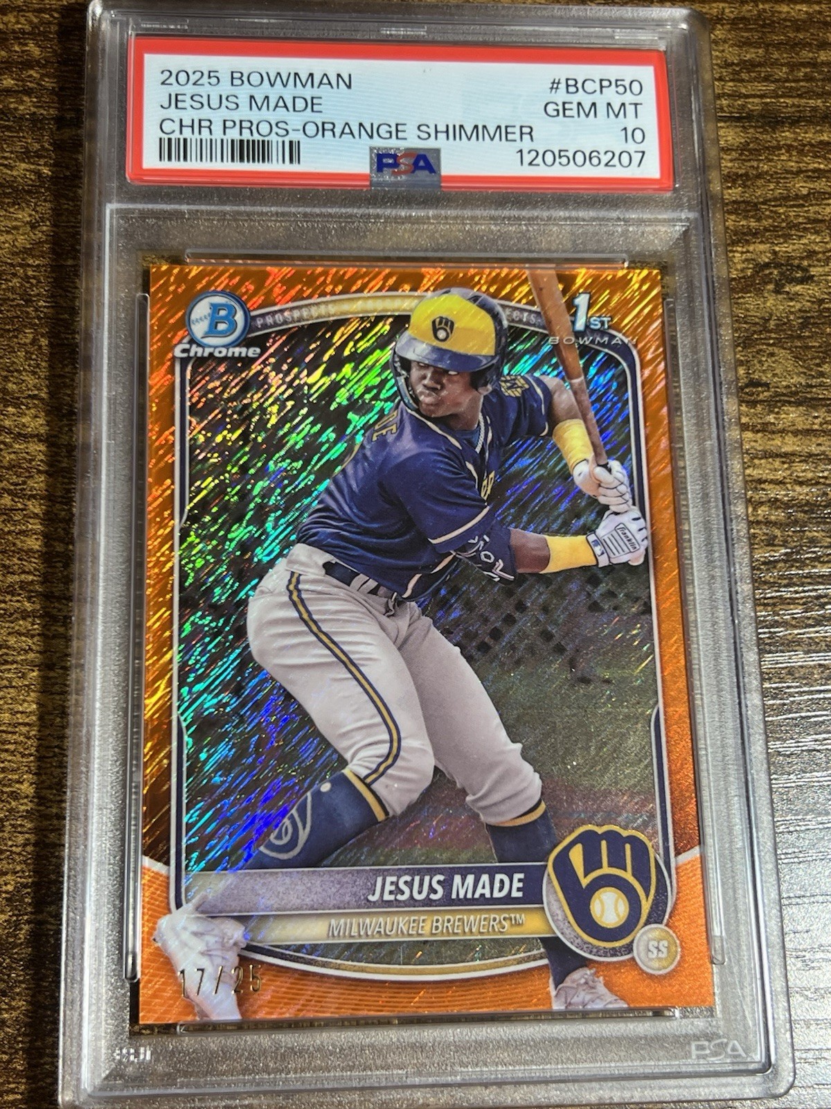 JESUS MADE 2025 Bowman Chrome #BCP-50 1st Brewers Orange Shimmer /25 PSA 10