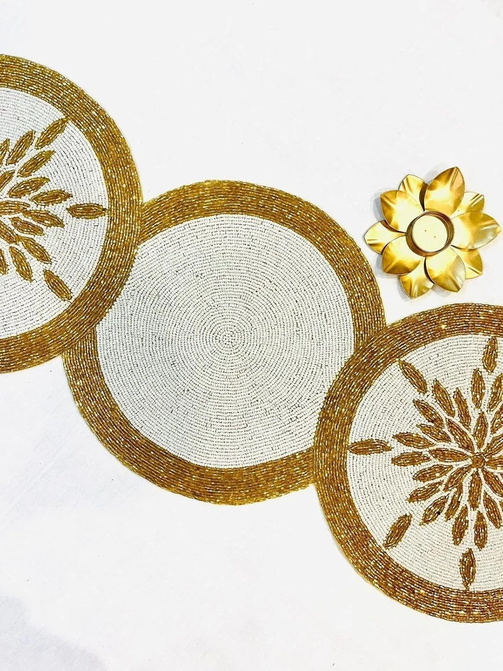 TBS White & Gold | Handmade Pearl Beaded Table Runner | Dining Coffee Decor Gift - Image 3 of 4