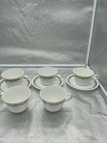 Corelle Corning Coffee Cups Saucers Green Crazy Daisy Spring Blossom Set of 5&3