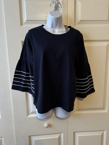 J. Camicia blusa top manica a campana ricamata girocollo donna taglia media bianco navy - Foto 2 di 5