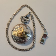 Watch-It Train Locomotive Pocket Watch w/Chain made Japan Two Tone New Battery
