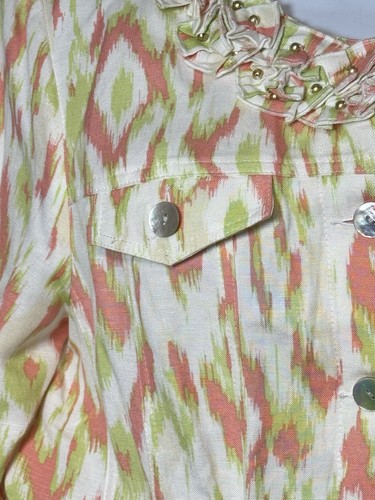 Ruby Rd. Jacket Women's Size 10 Green Pink Print Ruffle Beaded Collar Linen - Picture 3 of 11