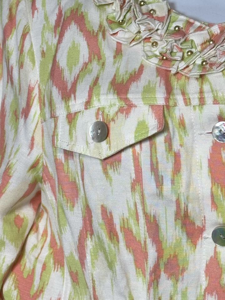 Ruby Rd. Jacket Women's Size 10 Green Pink Print Ruffle Beaded Collar Linen - Image 3 of 4