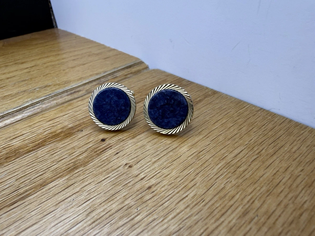 Boutons De Manchette (cufflinks) Triangle En Druse Bleue Sertie Or Rose 10K - Dos Argenté à Pivot - Neuf Sans Emballage