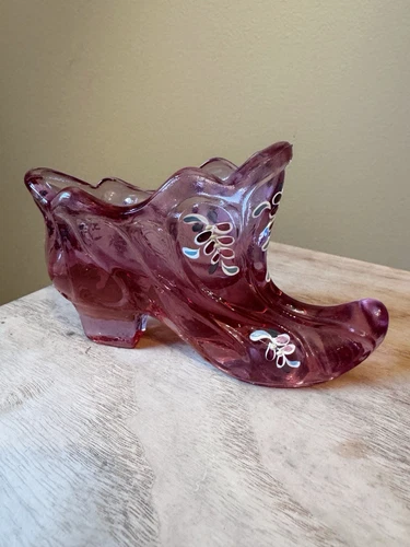 Fenton Pink Mauve Glass Shoe Hand Painted Artist Signed