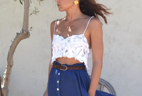 Weiß Handarbeit Upcycling Applikation Häkeln Strick Baumwolle Boho Chic Crop Top. - Bild 2 von 7