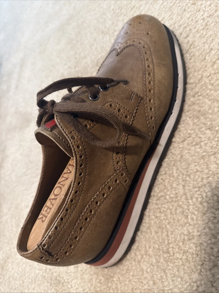 F0 Auténtica Zapatilla Deportiva PRADA Marrón Tostado Punta de Ala Plataforma Con Cordones Con Bolsa para Zapatos, Talla 9 Foto 3 de 4