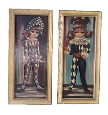 Vintage Eden Big Eyes Harlequin Girls Prints Mid Century MCM Framed 7.5” x 16.5”