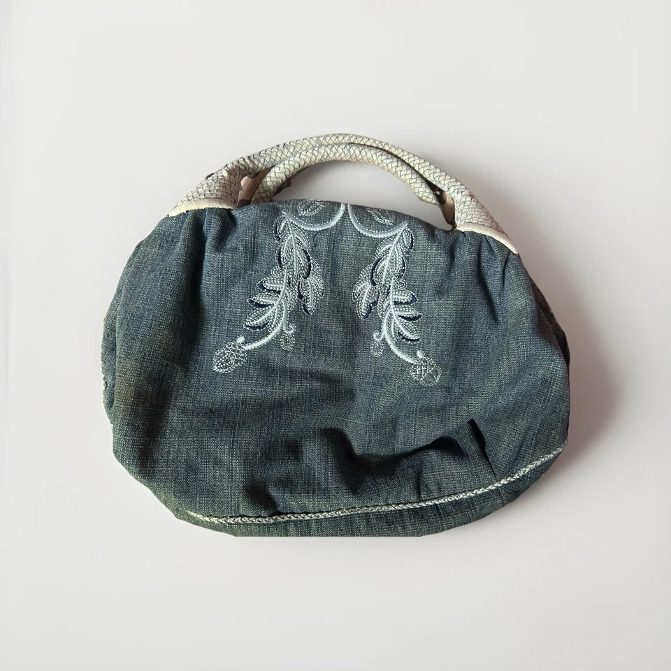 Bolso FENDI Denim/Lona Espía Bordado Cristales Cuero Blanco Asas Tejidas NUEVO Foto 3 de 4