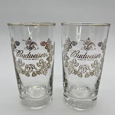 Budweiser King Of Beers Glasses Set Of 2 Glasses Libbey Gold Hop Vine VTG 12oz
