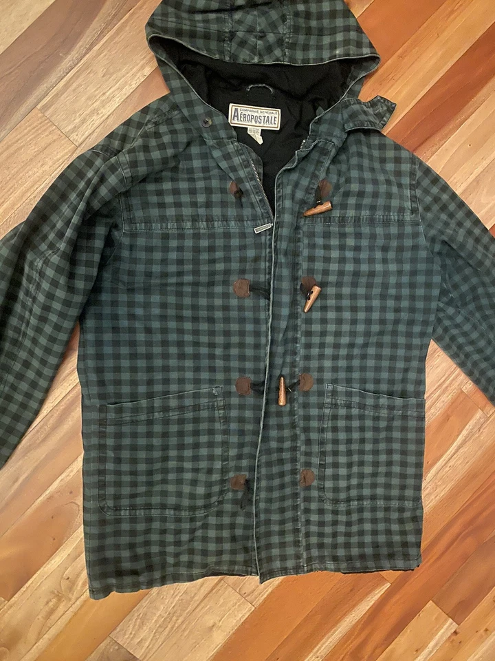 ВИНТАЖНЫЙ МУЖСКОЙ AEROPOSTALE ЗЕЛЕНЫЙ ЧЕРНЫЙ ПЕРЕКЛЮЧАТЕЛЬ КЛЕТКУ КУРТКА С КАПЮШОНОМ ПАРКА SZ M - Изображение 4 из 4