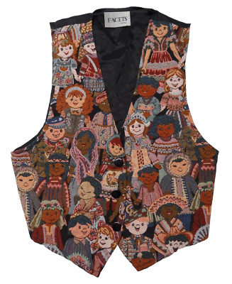 Facets by Mirrors Vest S Its A Small World Tapestry Satin-Backed Made in USA