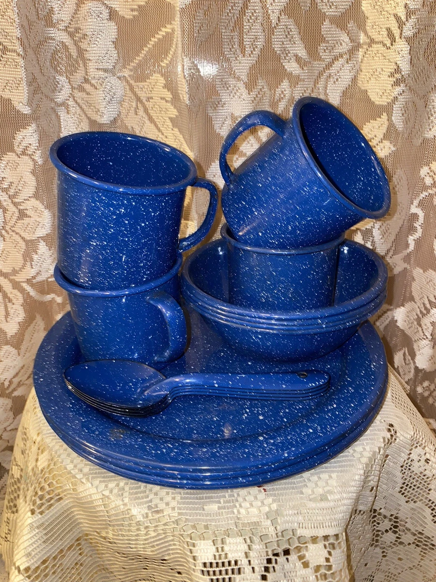 Blue Fleck Tin 4 Piece Farmhouse Style Plates Cups Bowls Spoons