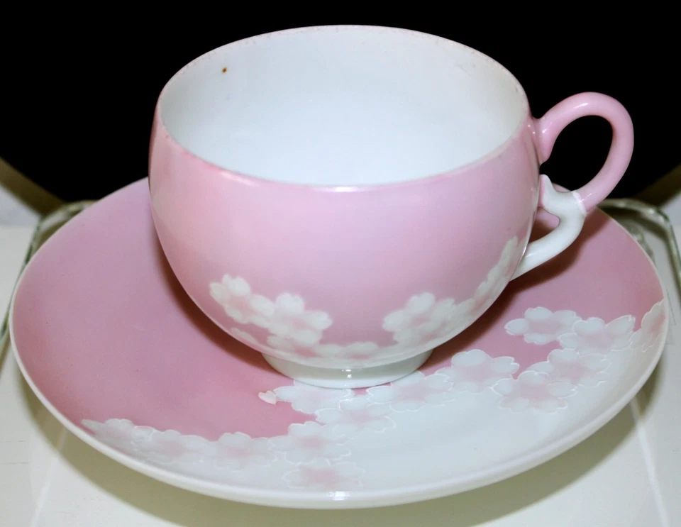 Japanese Teacup & Saucer PINK w/HEART Antique Eggshell Porcelain signed - Image 3 of 4