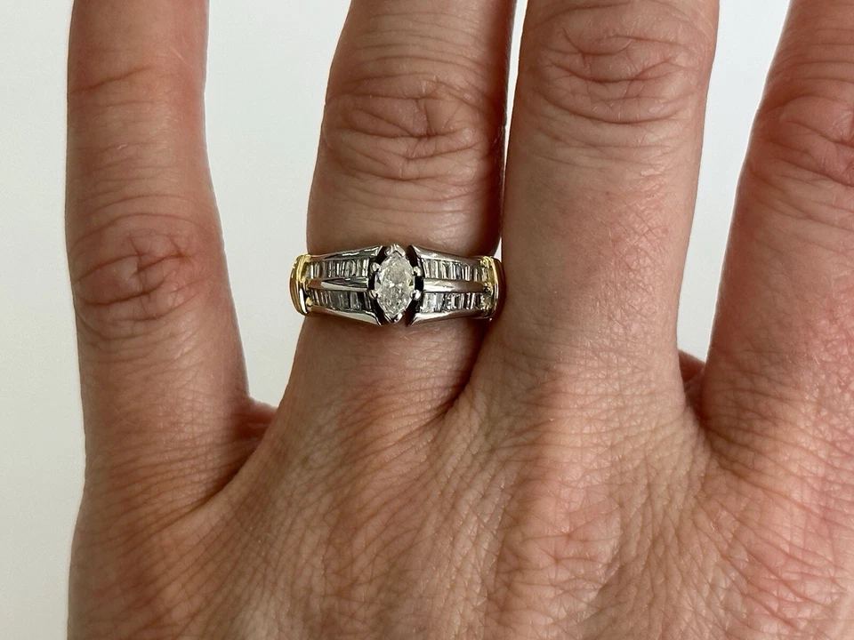 Anillo de diamantes marquesa genuinos naturales de oro blanco de dos tonos de 14K de oro amarillo talla 5 Foto 2 de 4