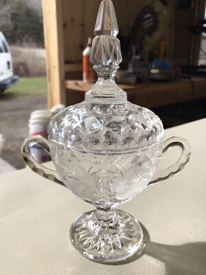 Vintage Cut Glass Lidded Sugar Bowl Rose Pattern Clear