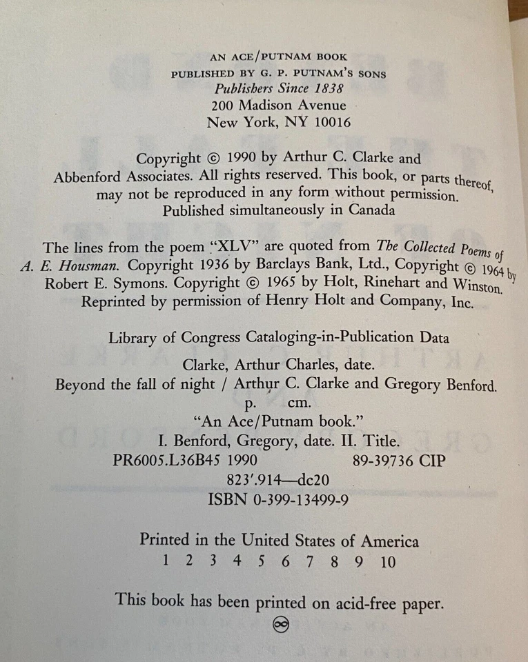 BEYOND THE FALL OF NIGHT by Arthur C. Clarke, Gregory Benford 1990 First Edition - Image 3 of 4