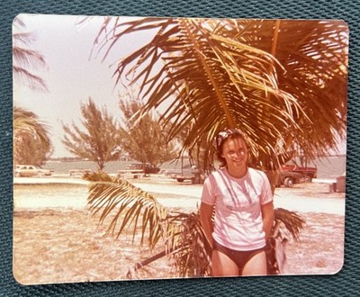 FOUND VINTAGE PHOTO PICTURE Pretty Woman Standing Under A Tropical Palm Tree