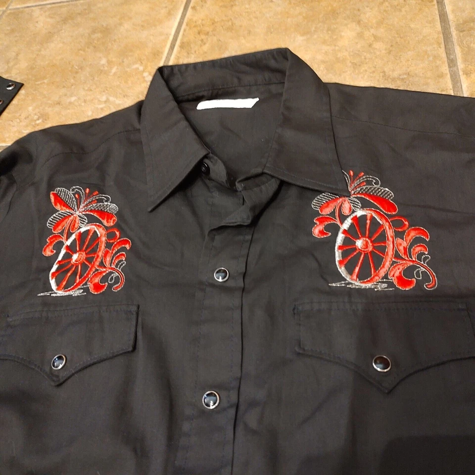 Vintage H Bar C Long Tail Black Embroidered Western Button Up Shirt Long Sleeve - Image 2 of 4