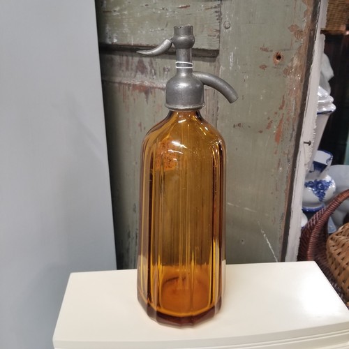 Art Deco Seltzer Soda Siphon Bottle Amber Glass Fluted  Czechoslovakia