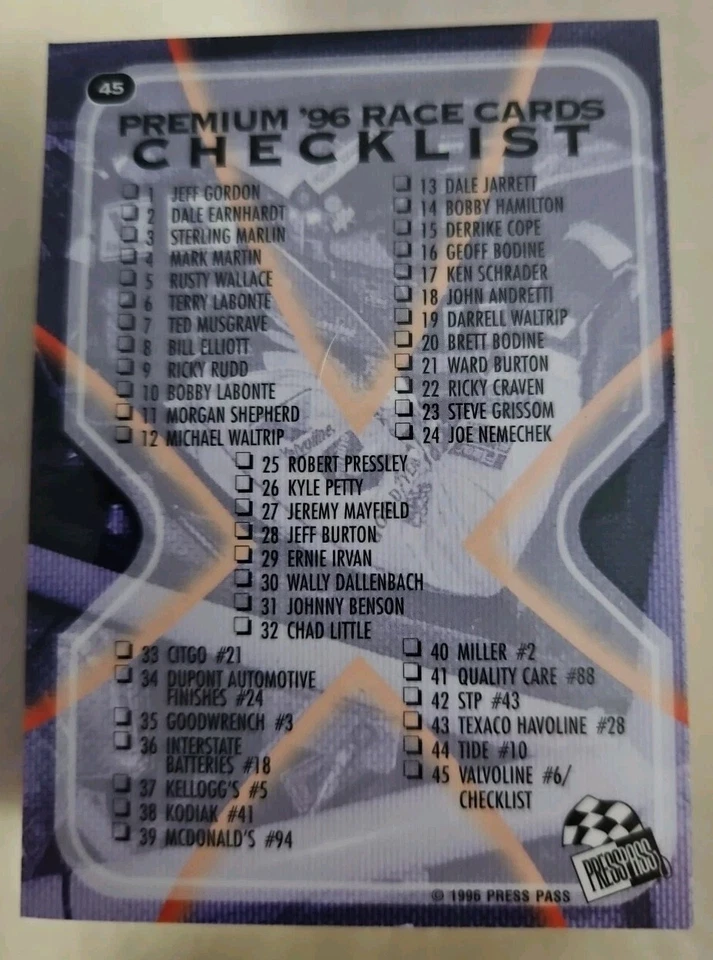 1996 Press Pass Premium Race Card Set Complete 45 Card Set - Image 2 of 3